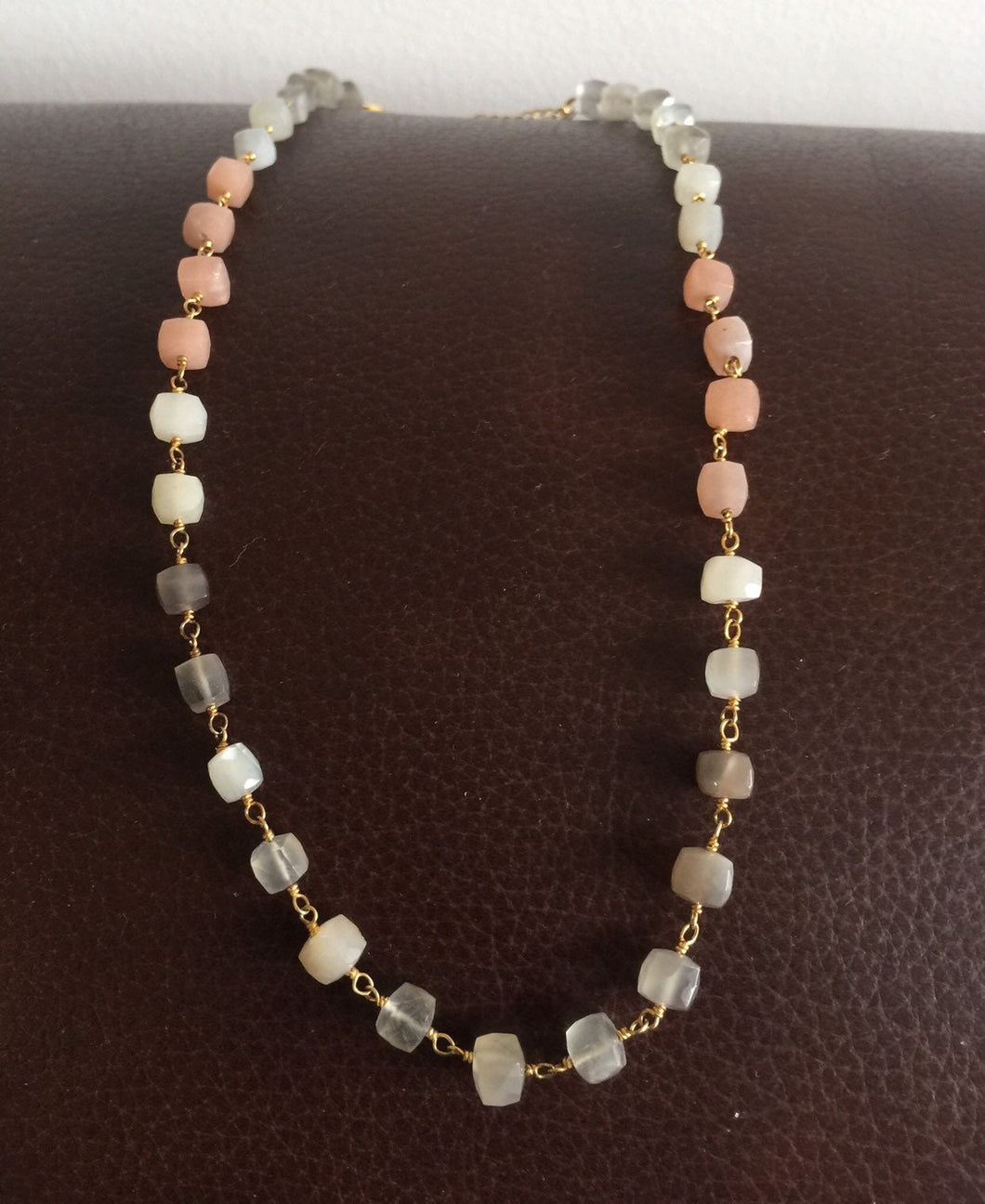 stone beads necklace,peach grey moonstone necklace,bead necklace,gem stone necklace,grey peach moonstone necklace,cut stone necklace